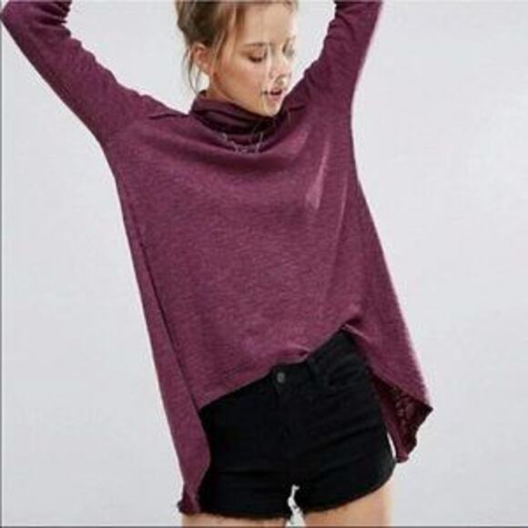 Free People Small S Purple Split Back Cowl Neck Long Sleeve Top Eggplant Cotton - Picture 11 of 12